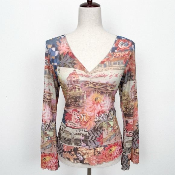 Y2K Vibrant Hawaiian Print Top Womens Medium* Hula Girl Lettuce Hem Dainty Fairy - Picture 1 of 12